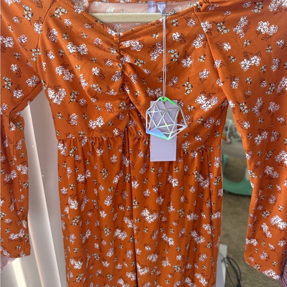 Good Luck Girl Orange Smocked Tie Front 3/4 Sleeve Casual Dress - Picture 2 of 3